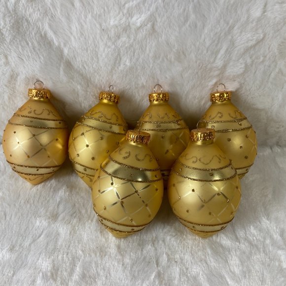 Vintage glass ornaments set of 6 Gold Egg shape Glitter raised design - Picture 3 of 9